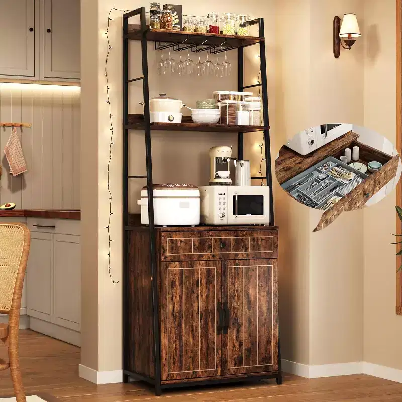 Bakers Rack Microwave Stand with Drawer Kitchen Tall Utility Storage Shelf with Wine Glass Rack Kitchen Microwave Oven Stand Spice Rack Organizer