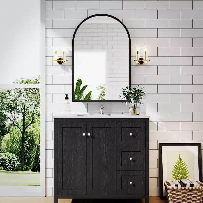 35.5 Black Bathroom Vanity with Basin and Aluminum Alloy Frame Wall Mirror Bathroom Storage Cabinet with Soft Closing Doors and 3 Drawers