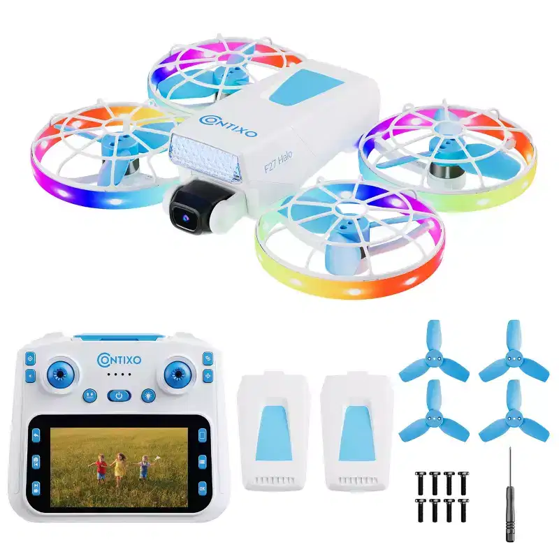 Contixo F27 Mini Foldable Drone, 4.3 Screen Remote, Dual Camera, LED Light-Up, Optical Flow, 360 Flips, 2 Batteries RC Drones For Kids Beginner