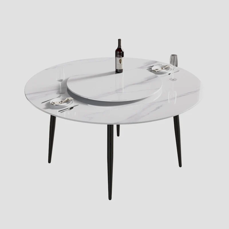 Round Sintered Stone Dining Table with Lazy Susan & Steel Base
