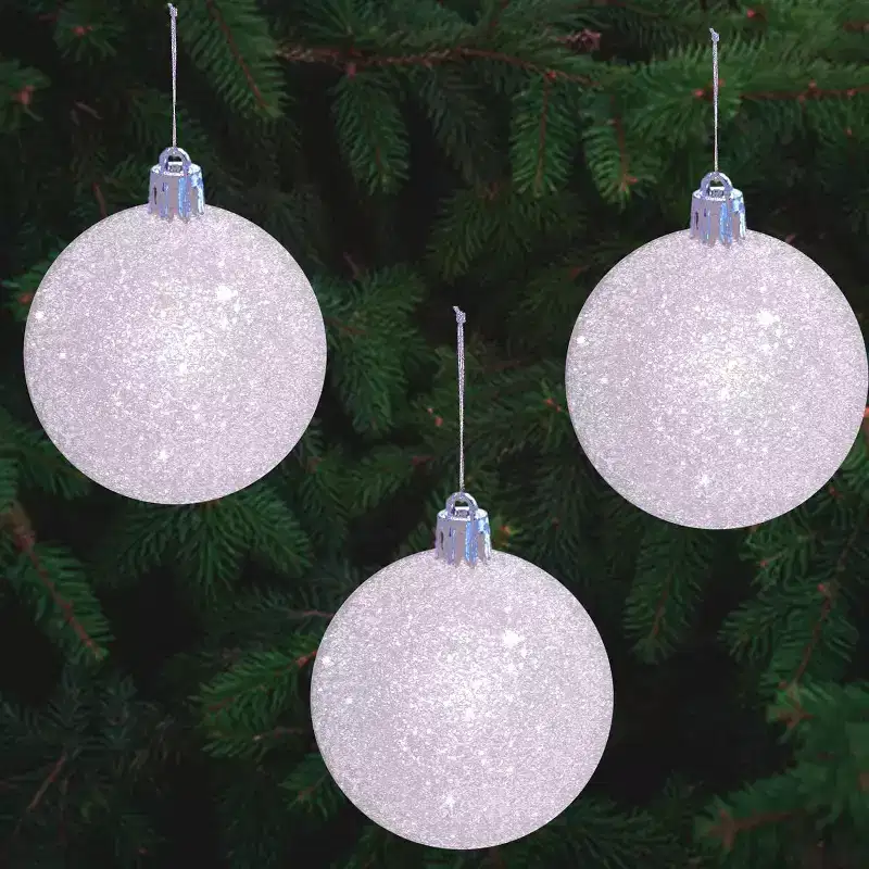 4E's Novelty 18 Pack White Snowball Christmas Ornaments 2.36/60mm | Glitter Iridescent Shatterproof Balls for Tree Decorations, Winter Holiday Decor