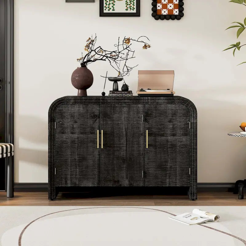 Natural Wood Wash / Antique Black Curved 3-Door Sideboard with Adjustable Shelves for 1&ndash;2 Person