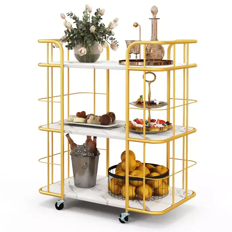 3-Tier Kitchen Storage Utility Cart Gold Rolling Bar Serving w/Lockable Casters