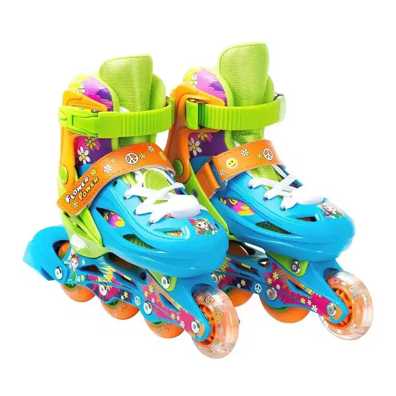 TITAN Flower Power Princess Girls Inline Skates with LED Light-up Front Wheel and LED Laces, Blue and Green, Medium