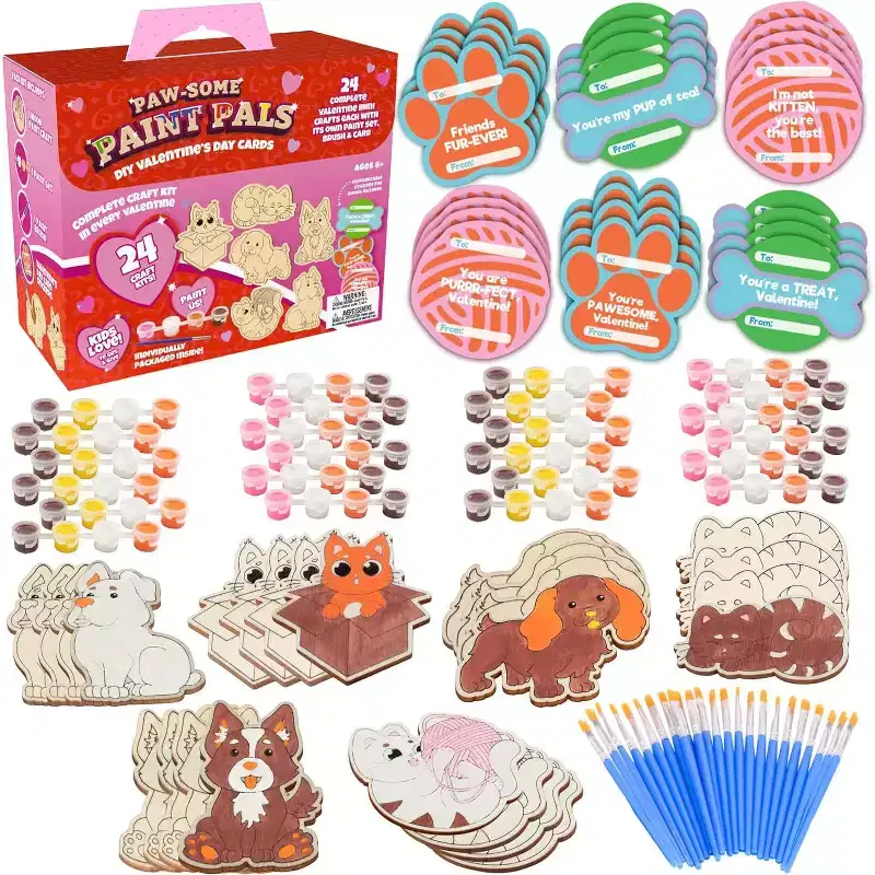 Cat & Dog Wood Painting Kits (24 Count) Goodie Bag Party Favors for Kids - Wood Craft, Paints, Brush & Sticker - Kids Multi-Item Party Favor Packs