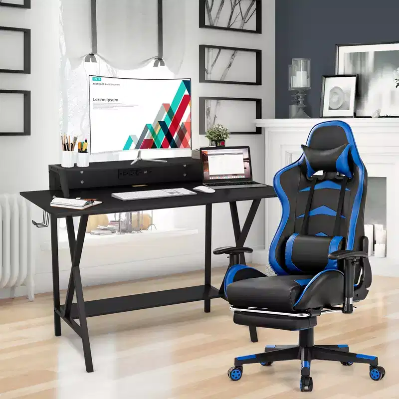 Gaming Desk & Massage Chair Set with Footrest, Monitor Shelf and Power Strip &ndash; Blue