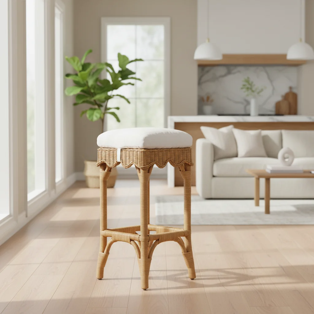 Muy Scallop Rattan Bar Stool | Honey & White | Boho Counter Seating