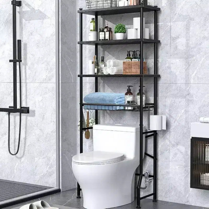 4 - Tier Over - Toilet Storage Rack Bathroom Organizer Shelf with Waterproof Feet Pad and Basket Black Multifunctional Space Saver
