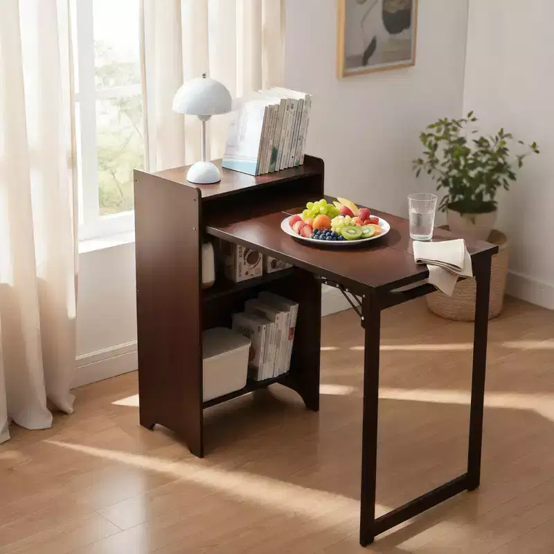 NAYSAYE Bamboo Folding Desk Space Saving Computer Table End Table with Hidden Storage Built In Socket for Home Office Bedroom, Walnut, 39*19*29.5