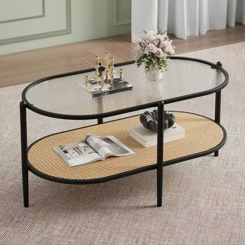 Boho Rattan Coffee Table with Glass Top,Oval 2-Tier Center Table with Metal Frame & Lower Storage Shelf,Rustic Farmhouse Accent Table for Living Room