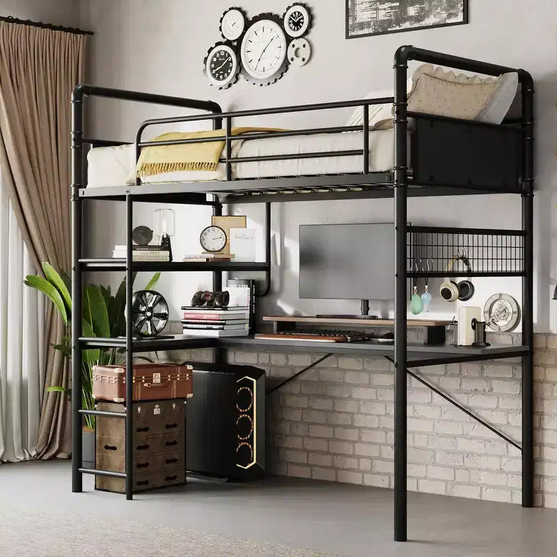 Loft Bed with L-Shaped Desk, Twin Metal Bunk Bed with Storage Shelves & High Guardrail, Space-Saver for Kids, Teens, or Small Rooms