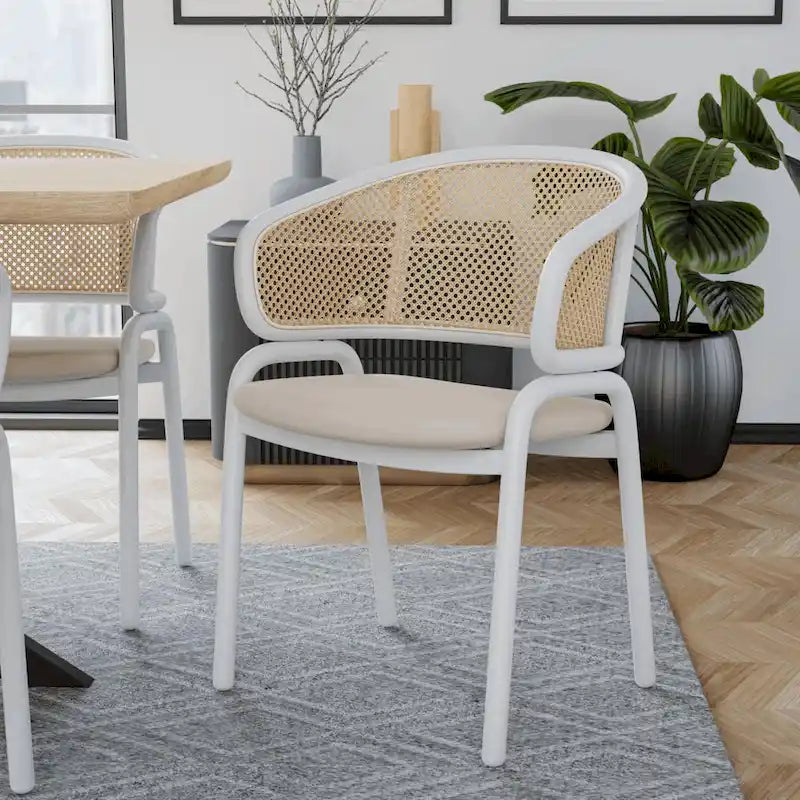 Dining Arm Chair &ndash; Grey / Beige / White / Black, Velvet Seat, Rattan Back, Powder-Coated Steel Legs, Mid-Century Modern Style, Seats 1