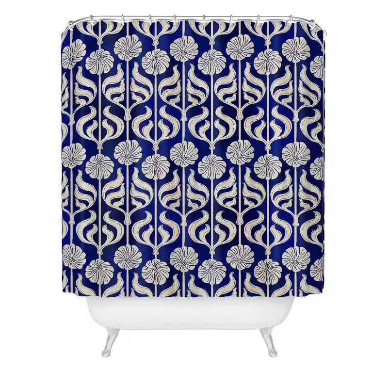 Deny Designs Showmemars Art Deco Florals on Dark Blue Shower Curtain