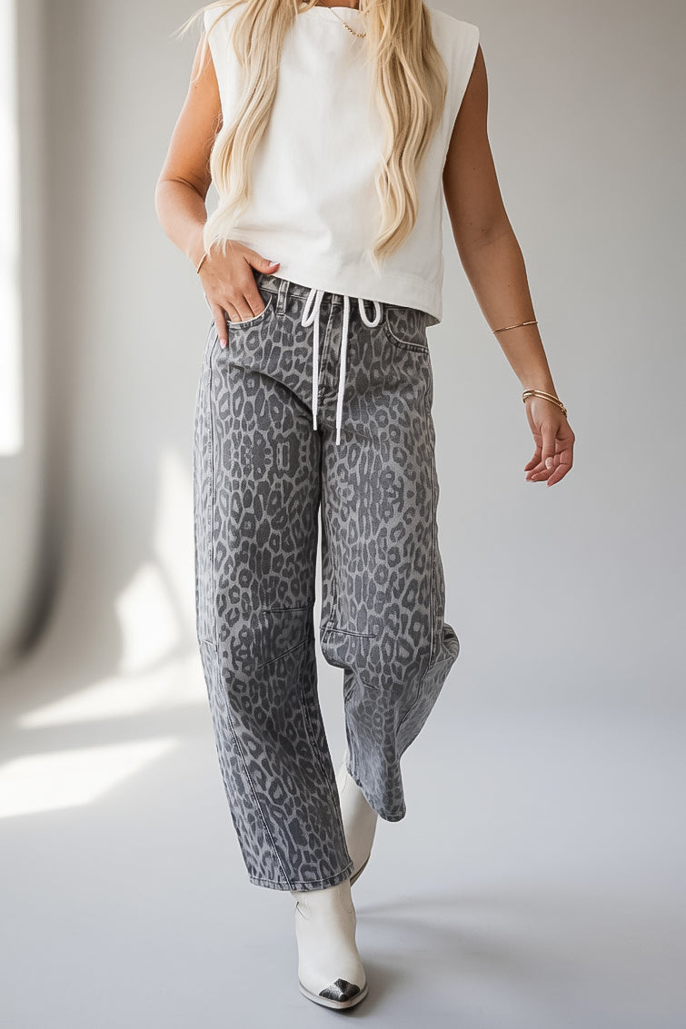 Leopard Print High Waist Barrel Leg Jeans