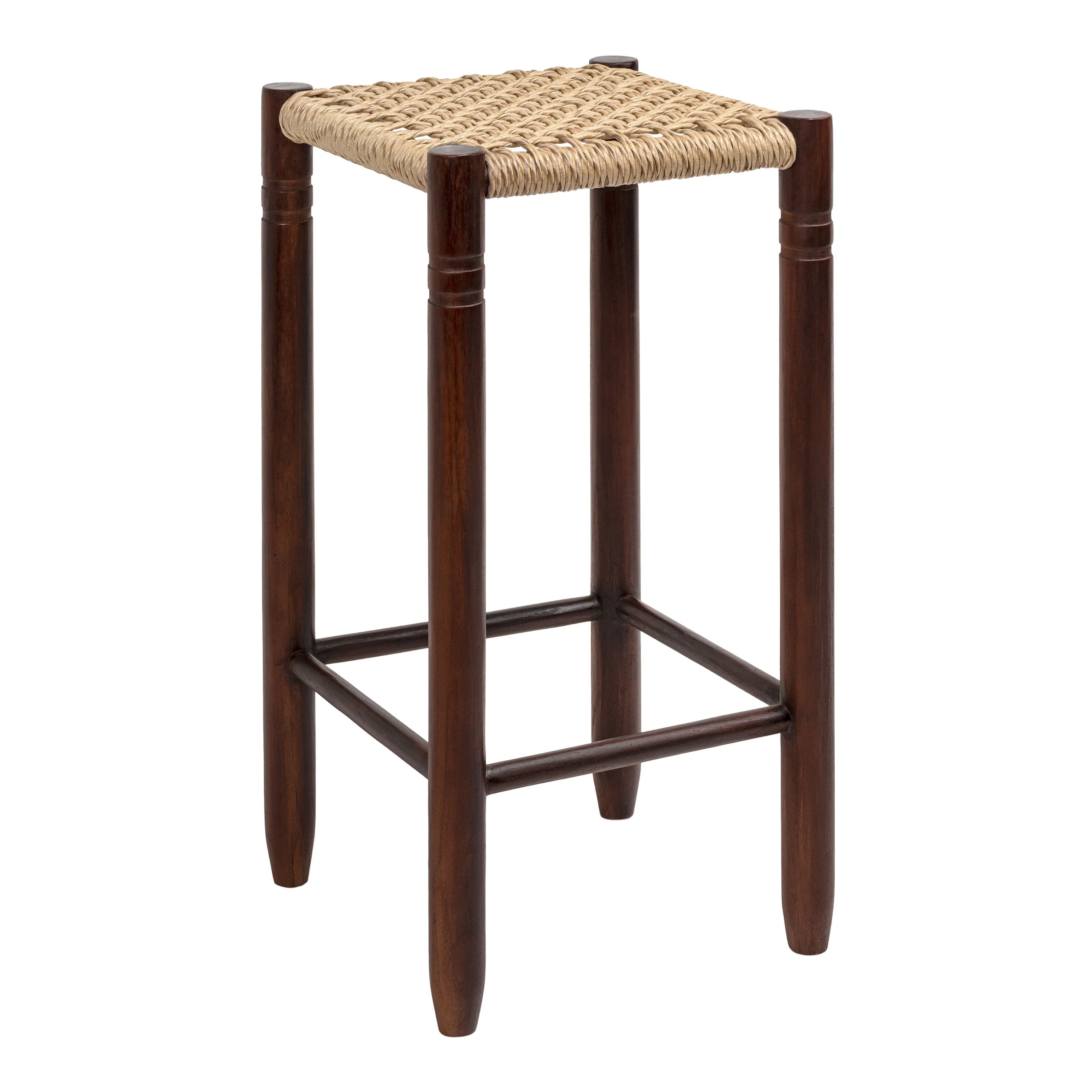 Casual Bohemian Handcrafted Teak Wood Backless Bar Stool with Synthetic Woven Rattan Seat