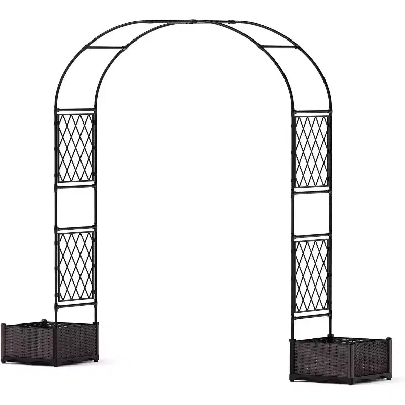 PE Coated Metal Garden Arch with 2 Planter Boxes, Weather-Resistant Trellis for Climbing Plants, Decorative Wedding Arbor for Backyard or Lawn