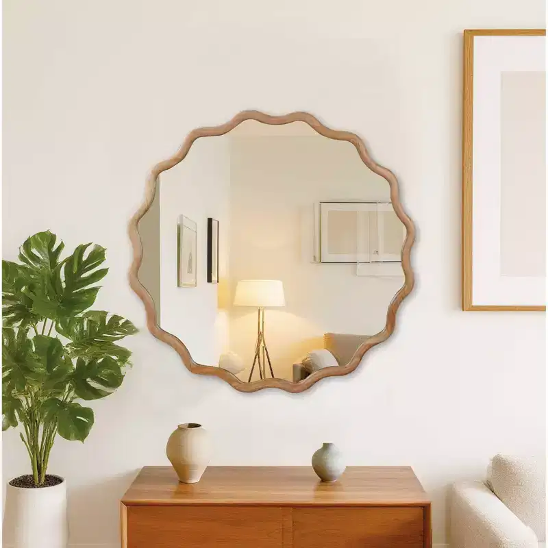 36 in. Natural Wood Color Wavy Round Solid Wood Frame Wall Mirror for Bathroom Vanity, Wooden Farmhouse Decorative Mirror for Home
