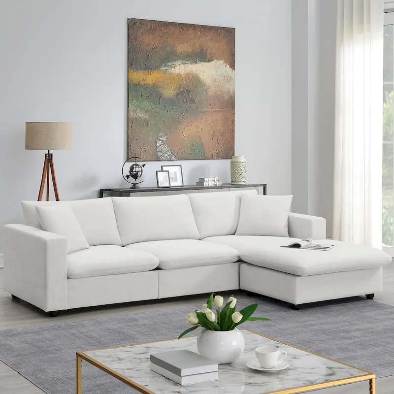 White L-Shaped Sectional Sofa with Ottoman, Seats 5