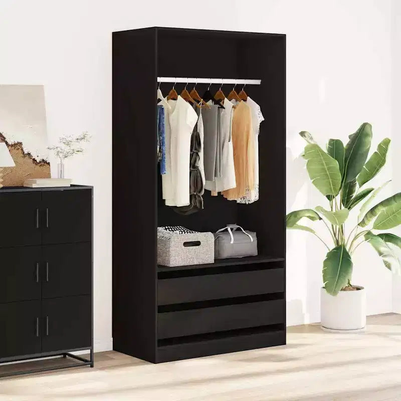 Black Engineered Wood Compact Wardrobe with 2 Drawers