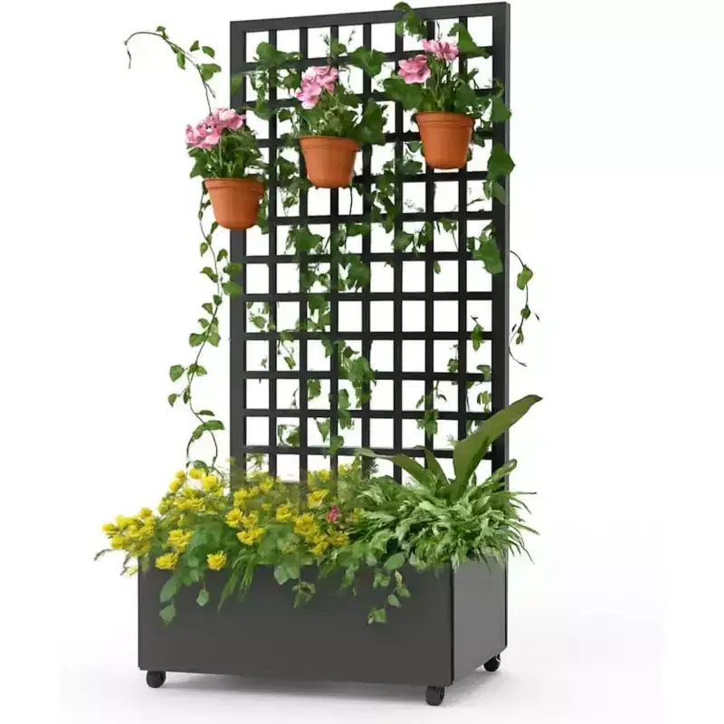 Metal Raised Garden Bed with Trellis and Wheels,Planter Box for Climbing Plants,Vegetables,with Square Lattice Trellis,Drainage Holes & Privacy Screen