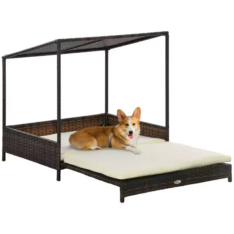 PawHut Outdoor Wicker Dog House with Roof, Extendable Rattan Dog Bed with Soft Removable Cover Cushion for Small and Medium Dogs, Mixed-Brown