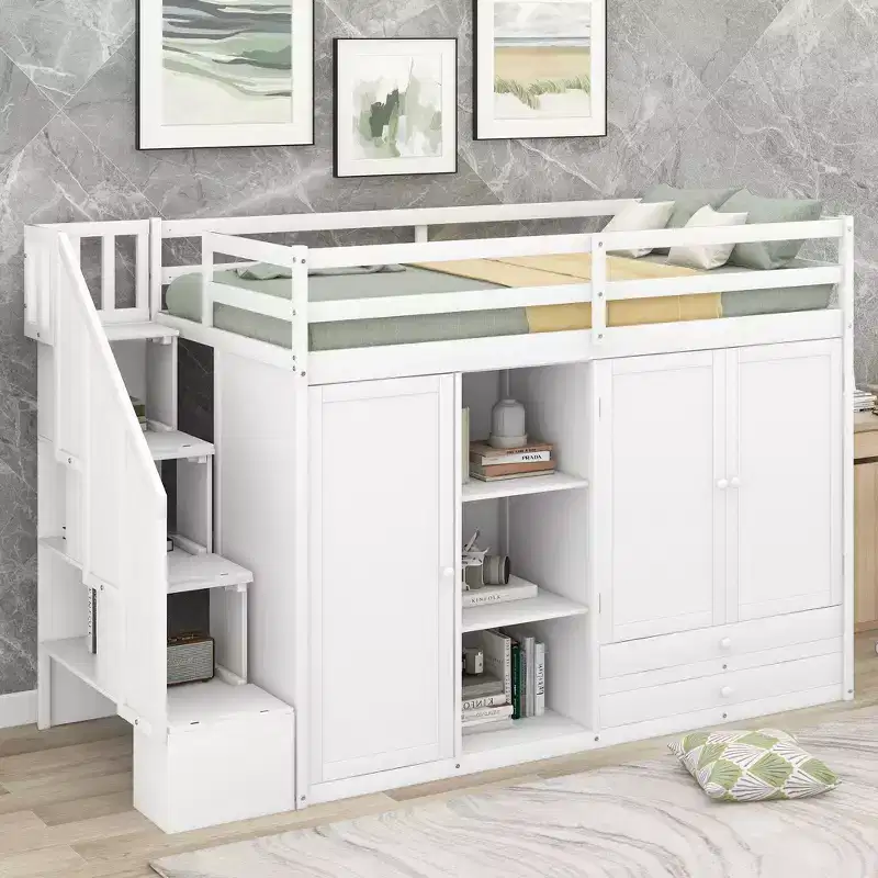 93.3 Functional Loft Bed with Wardrobes, Shelves, Drawers and Storage Ladder
