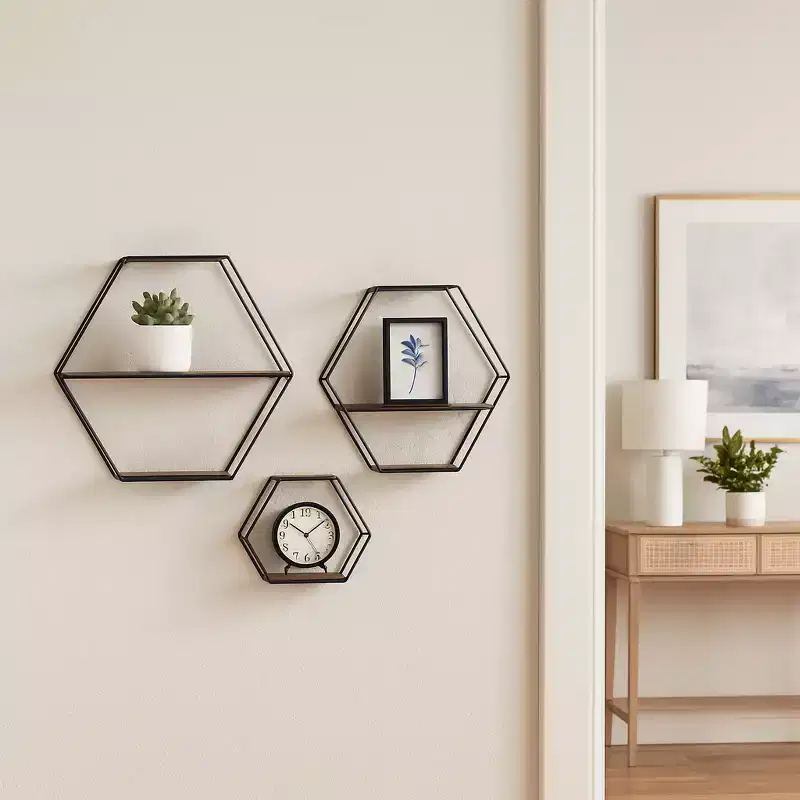 Modern Hexagon Wall Mounted Shelves for Home Decor - Wood with Metal Frame Storage Organizer for Office Display - Set of 3, 22, 21, 19