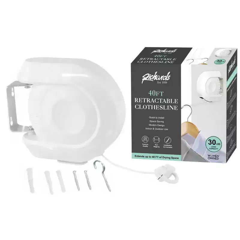 J&V TEXTILES Retractable Clothesline - Portable Heavy Duty Indoor and Outdoor Washing Line - 40 Feet PVC Retracting Clothes Line with Wall Mount Hang