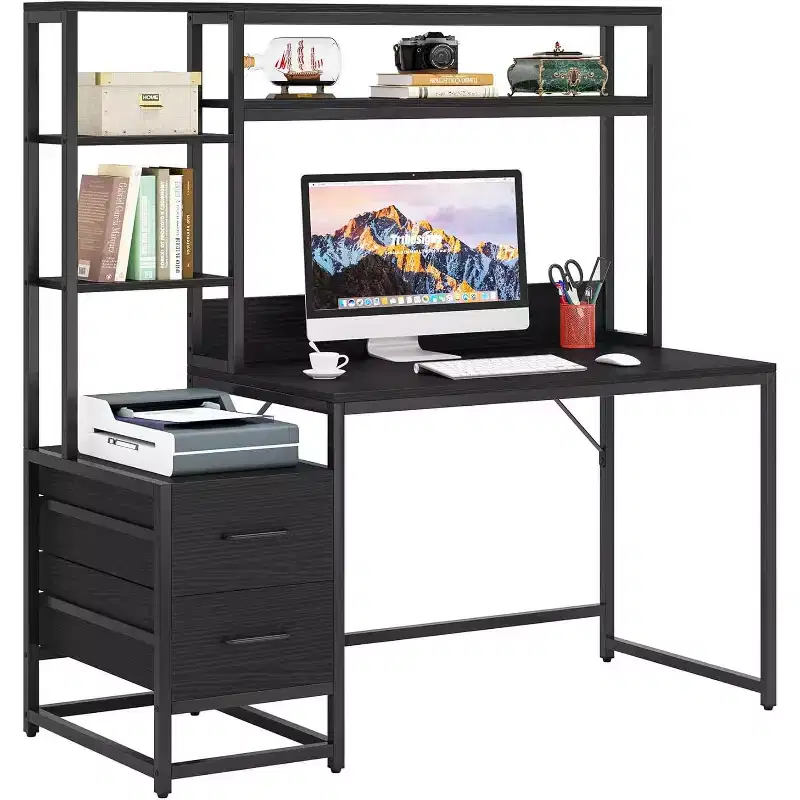Lantine 55-Inch Computer Desk with 2 Drawers, Storage Shelves and Hutch for Home Office, Rustic Black Workstation