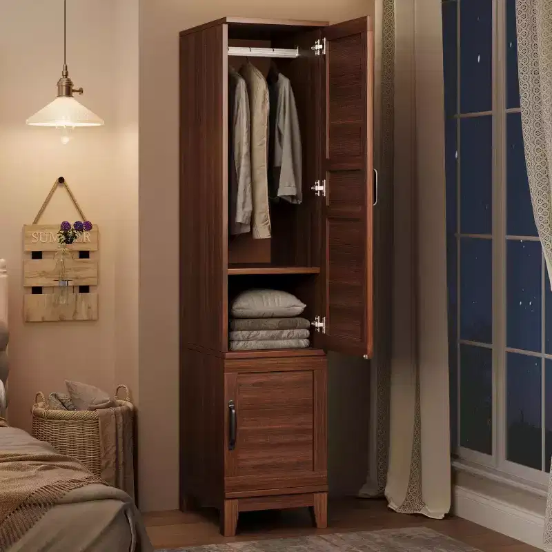 Armoire Wardrobe Closet, Wooden Wardrobe Cabinet with Hanging Rod, 72 in Narrow Clothing Cabinet with 18 Adjustable Shelves for Clothes, Bedroom
