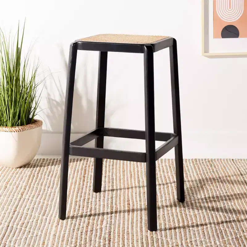 Backless Cane Bar Stool, Beechwood Frame with Natural Rattan Seat, Fixed Height 29.5", No Assembly