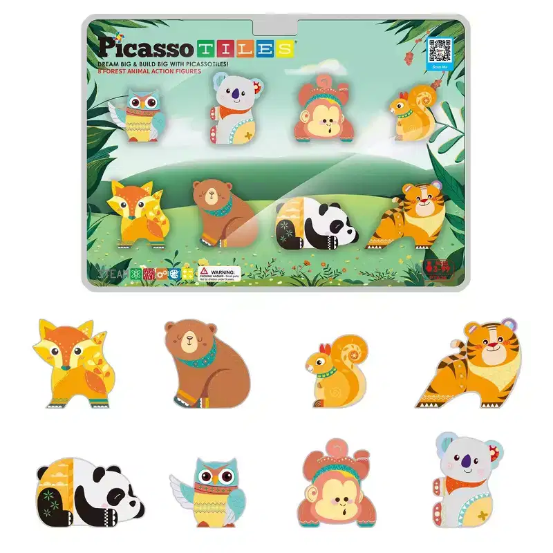 PICASSO-TILES 8PCS Forest Animal Magnetic Tile Action Figures, STEM Educational Magnet Building Blocks Toy Set for Kids Boys & Girls Ages 3+
