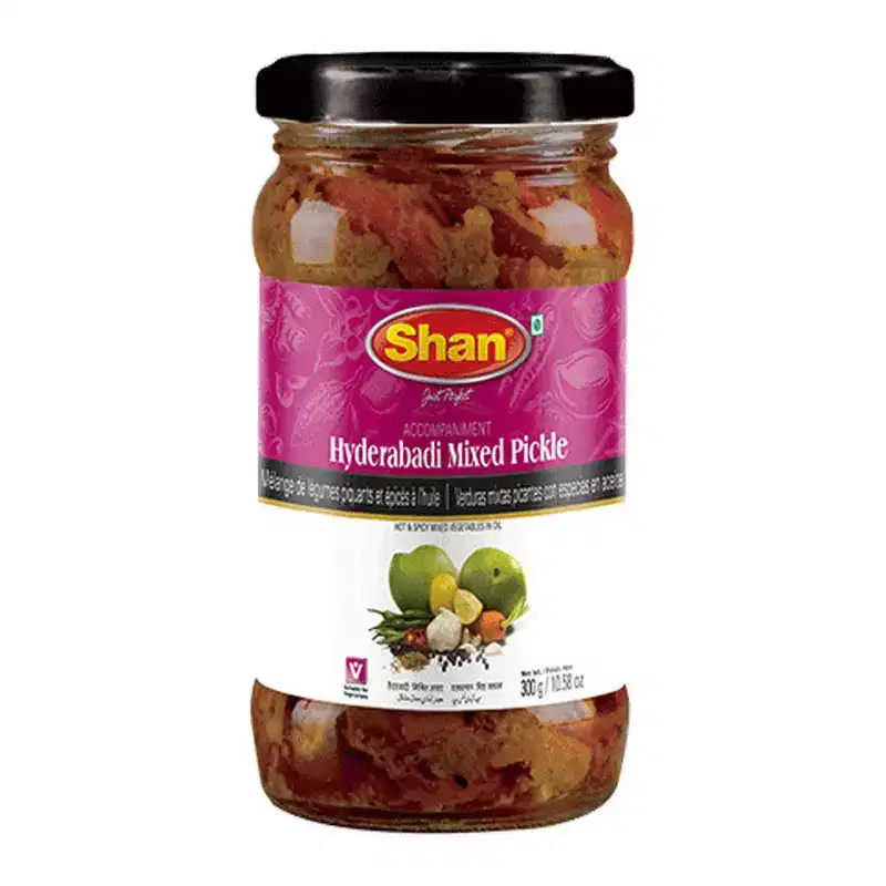 Shan Hyderabadi Mixed Pickle 10.58 oz (300g) - Hot and Spicy Mixed Vegetables Pickled in Oil - Airtight Pet Jar