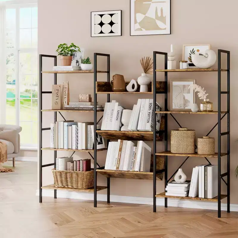 4-Tier Industrial Bookshelf, Triple Wide Bookcase with 11 Adjustable Shelves, Rustic Wood & Metal Storage Shelf for Living Room, Bedroom, Home Office