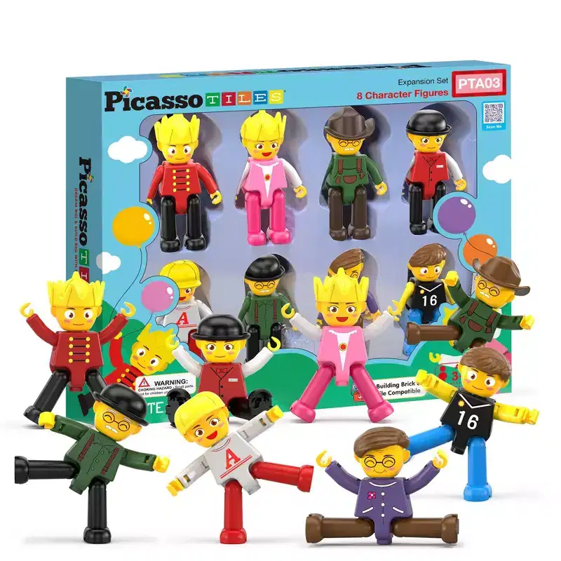 PICASSO-TILES 8PCS Magnetic Tiles Character Action Figures, Arms & Legs Move, STEM Educational Add-On Set for Toddlers, Pretend Play Toy Ages 3+