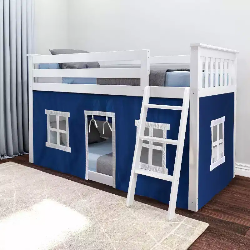 Pine Wood Twin over Twin Low Bunk Bed with Cotton Curtains 50"