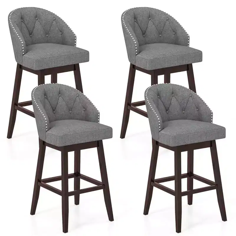 Costway Set of 4 Swivel Bar Stools Tufted Bar Height Pub Chairs with Rubber Wood Legs Grey/Beige