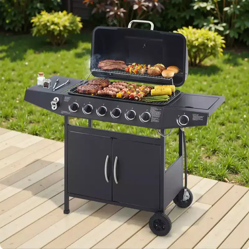 6 Burner BBQ Propane Gas Grill with Side Burner 59000 BTU Output Stainless Steel Barbecue Grill with Enamel-Coated Grates