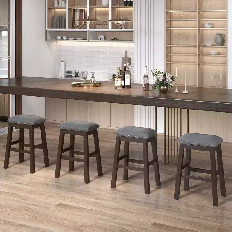 Set of 2 Upholstered Saddle Bar Stools 24.5" with Wooden Legs, Gray