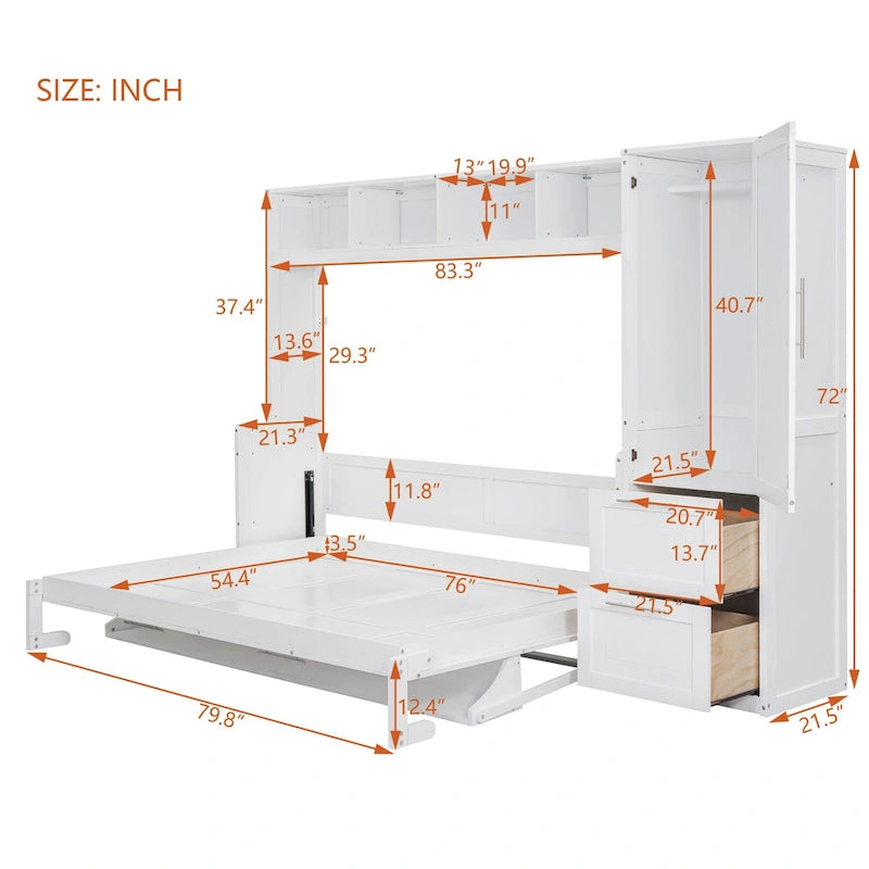 Full Size Murphy Bed &ndash; White, Wall-Fold, Built-in Shelf, Side Wardrobe & 2 Drawers, Sleeps 1