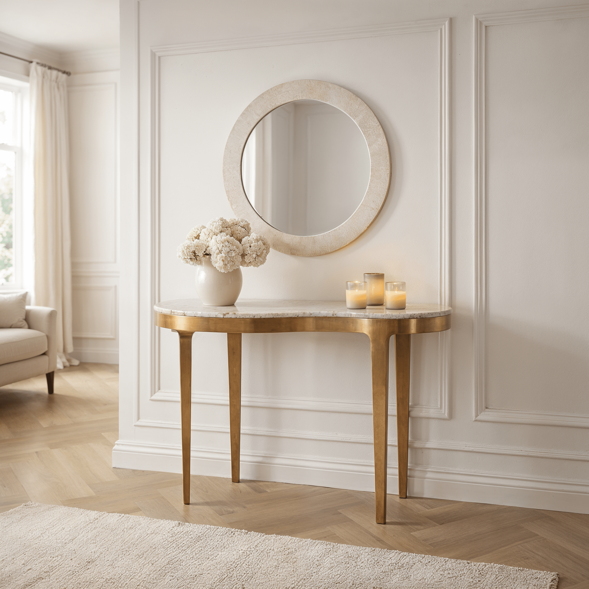 Antique Bronze Abstract Shaped Console Table with Taupe Marble Top