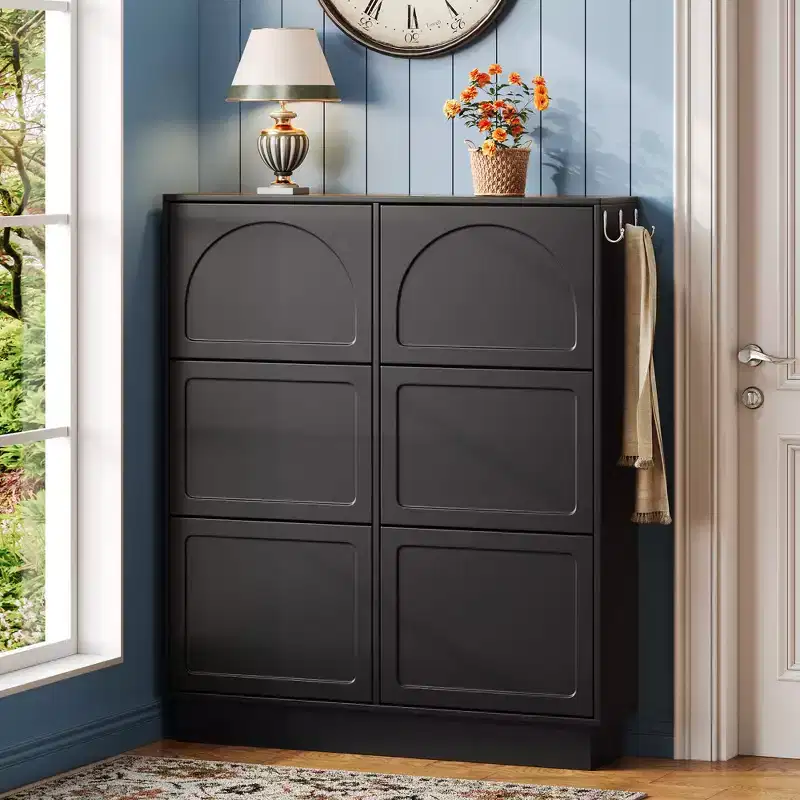 49" 6-Flip-Drawer Narrow Shoe Cabinet, Black MDF Cream-Style Organizer w/ Adjustable Shelves & 3 Silver Hooks