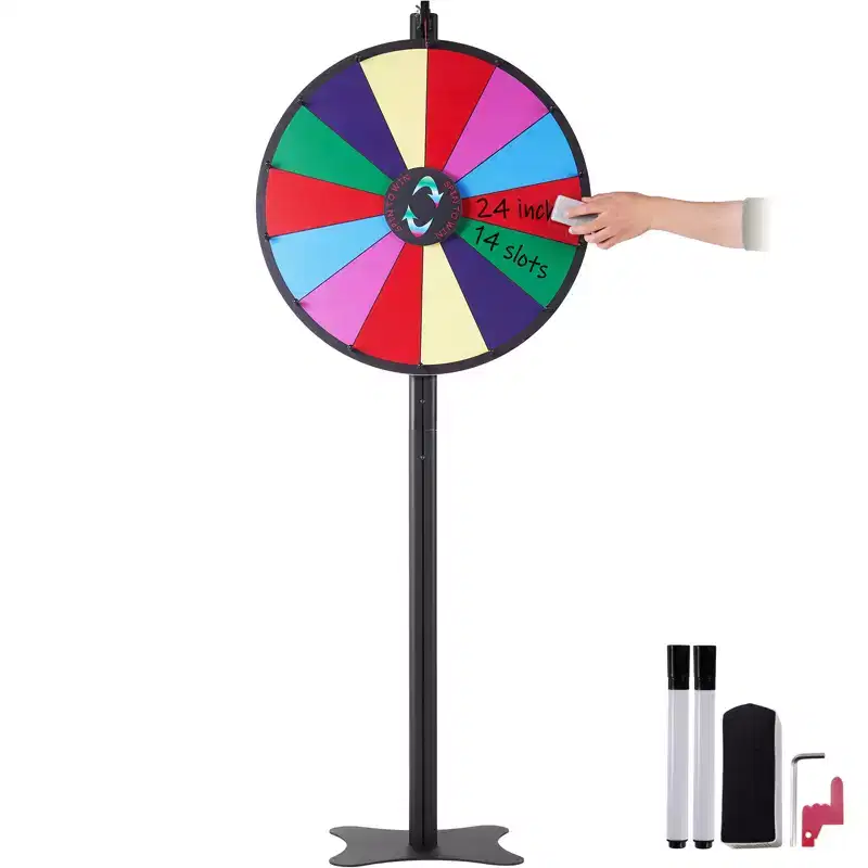 VEVOR 24 inch Spinning Prize Wheel, 14 Slots Spinning Wheel, Roulette Wheel with a Dry Erase and 2 Markers, Multicolored