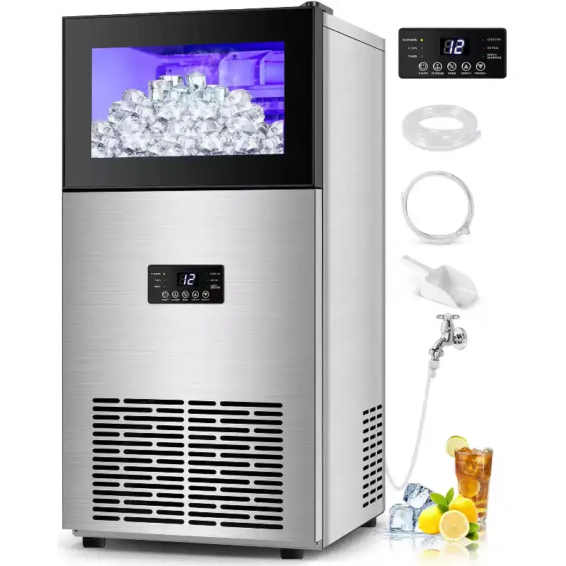 Denjol High-Capacity Ice Maker - 130LB/24H Output, Large 35LB Storage Bin, 15 Inch, Stainless Steel
