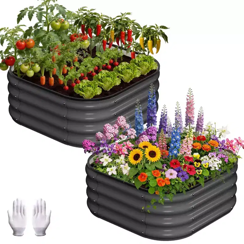 2 Pcs Galvanized Raised Garden Bed, Raised Garden Beds Outdoor, Squircle Planter Raised Beds with Gloves and Rubber Edge Trim for Vegetables, Flowers