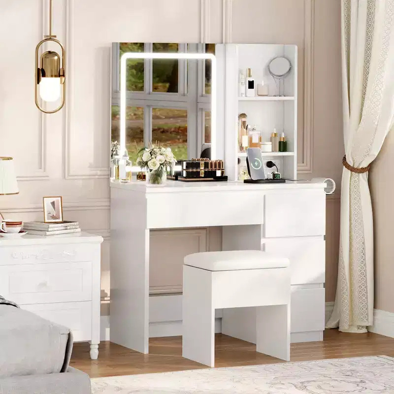 Makeup Vanity Desk with Lighted Mirror, 4 Drawers, Power Outlet, Storage Stool, Storage Shelves, Mirror 3 Lighting Color Adjust, White