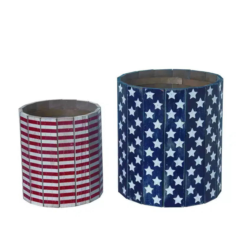 Transpac MDF Slatted Americana Barrel Planters Set of 2 Home Decorations for July 4th Patriotic Decor