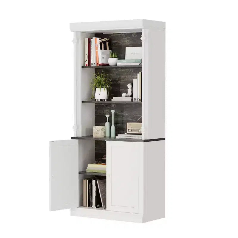Double Door Bookshelf MDF Iron Roman Columns - Tri-Color Storage Cabinet White Dark Gray, Vintage Home Decor