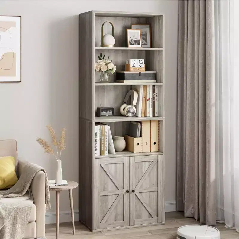 71.4 Industrial Bookcase with Doors  6-Shelf Farmhouse Bookshelf, 11.8 Deep Storage for Living Room, Bedroom & Home Office (Gray)