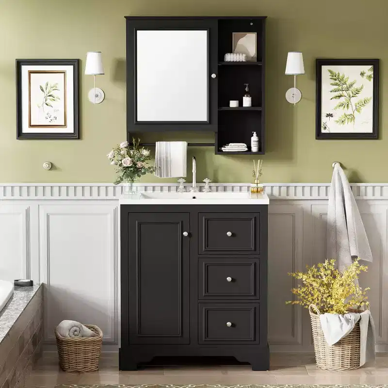 Whisen 30 Bathroom Vanity with Sink, Bathroom Storage Cabinet with 3 Drawers and Adjustable Shelves, Mirror Cabinet